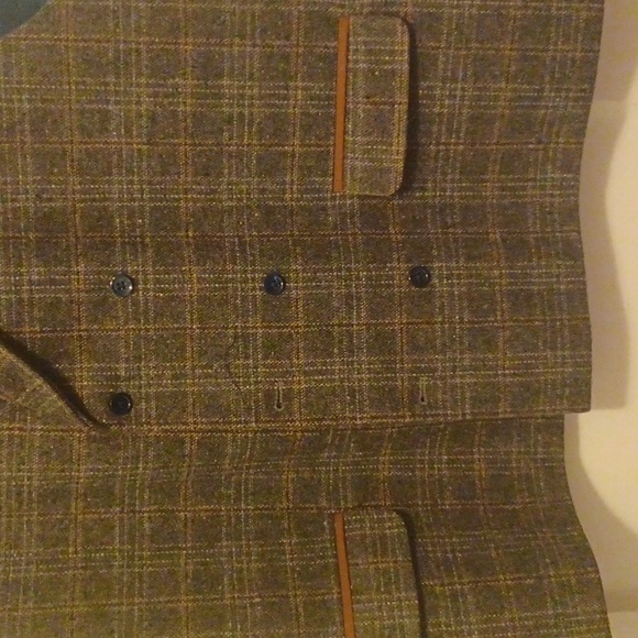 Mens grey plaid double breasted vest with brown suede trim, SZ 50R - Picture 5 of 9